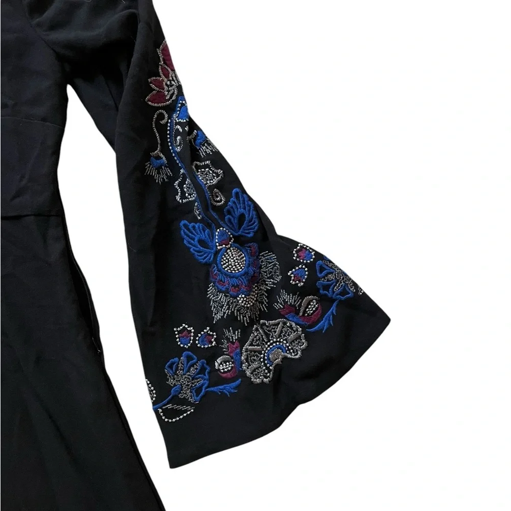 Free People Holiday Folk Dress Women's 10 Embroidered Bell Sleeve Black Boho NWT
